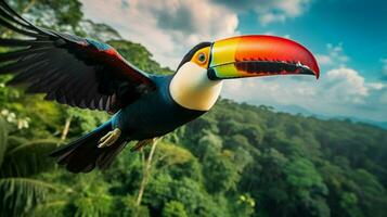 un' colorato tucano volante nel il tropicale foresta pluviale guardare foto