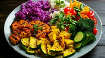 un' colorato vegetariano pasto con fresco verdure e guarire foto