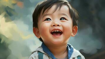 un' carino bambino ragazzo sorridente con gioia festeggiare il suo infanzia foto