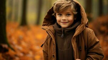 un' carino caucasico ragazzo esplorando il foresta nel autunno foto