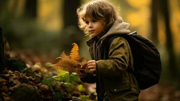 un' carino caucasico ragazzo esplorando il foresta nel autunno foto