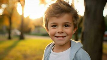 un' carino caucasico bambino sorridente all'aperto guardare a telecamera foto