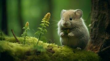 un' carino piccolo roditore mangiare nel il foresta guardare soffice foto