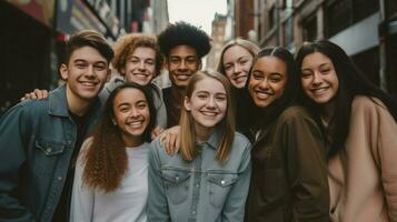 un' gruppo di giovane adulti all'aperto sorridente e guardare foto