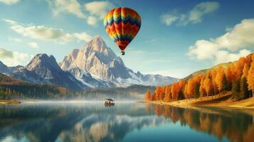 un' caldo aria Palloncino volante al di sopra di un' lago con montagne foto