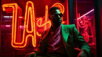 un' uomo nel un' neon completo da uomo si siede nel un' sedia con un' neon cartello foto