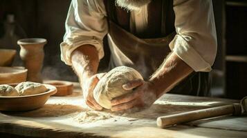 un' uomo impasto Impasto su un' di legno tavolo preparazione fatti in casa foto