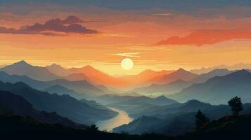 un' tranquillo estate tramonto al di sopra di un' montagna silhouette foto