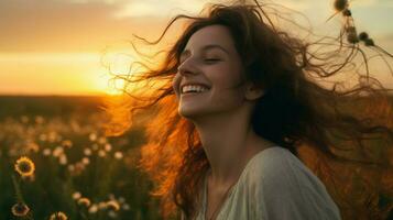 un' giovane donna nel un' prato sorridente godendo il tramonto foto