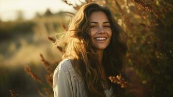 un' giovane donna sorridente guardare a telecamera circondato di natura foto