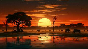 Africa savana a tramonto animali pascolare antico alberi foto