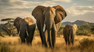 africano elefante mandria pascolo nel tranquillo savana foto