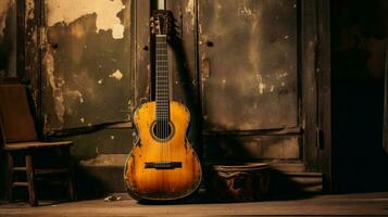 antico acustico chitarra su di legno tavolo giocando classico foto