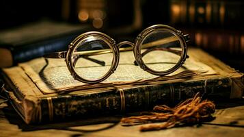 antico occhiali su vecchio libro saggezza conservato foto