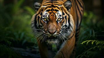 Bengala tigre fissando aggressione nel occhi maestoso bellezza foto