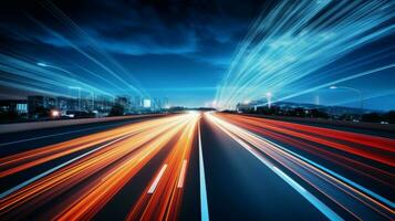 sfocato movimento su multiplo corsia autostrada a notte foto