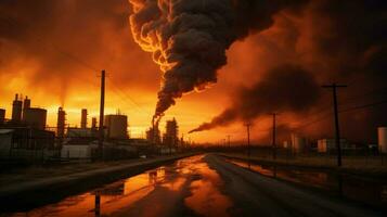 ardente tramonto al di sopra di inquinata industriale paesaggio Pericolo foto