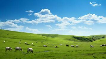 bestiame pascolare su verde prato sotto blu cielo foto