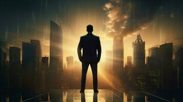 città uomo d'affari in piedi su grattacielo indietro illuminato silhouet foto