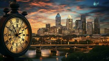 orologio Torre si illumina famoso città orizzonte a crepuscolo foto