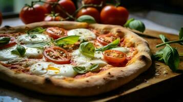 vicino su di fatti in casa al forno Pizza con fresco Mozzarella foto