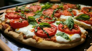 vicino su di fatti in casa al forno Pizza con fresco Mozzarella foto