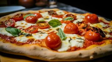 vicino su di fatti in casa al forno Pizza con fresco Mozzarella foto