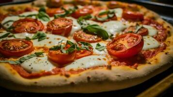 vicino su di fatti in casa al forno Pizza con fresco Mozzarella foto