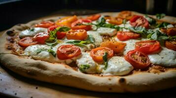 vicino su di fatti in casa al forno Pizza con fresco Mozzarella foto