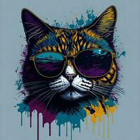 colorato graffiti di un' divertente gatto indossare un' camicia e occhiali da sole. stampabile design per maglietta foto