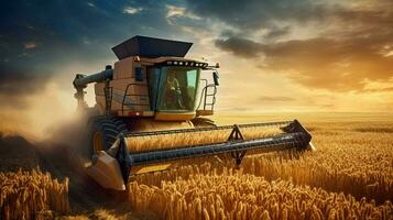 combinare mietitore Lavorando nel un' Grano campo rurale scena foto