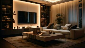 confortevole moderno vivente camera con elegante illuminazione foto