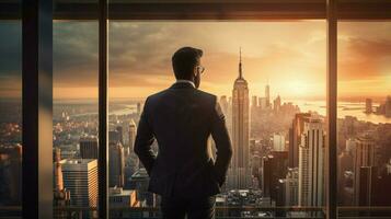 fiducioso uomo d'affari Guardando città tramonto attraverso finestra foto