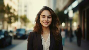 fiducioso giovane donna d'affari in piedi nel città sorridente foto