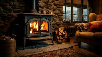 accogliente legna ardente stufa dentro di rustico casa raggiante foto