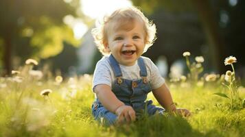 carino bambino ragazzo giocando all'aperto sorridente con innocenza foto