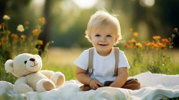 carino bambino ragazzo giocando all'aperto sorridente con innocenza foto