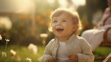 carino bambino ragazzo giocando all'aperto sorridente con innocenza foto