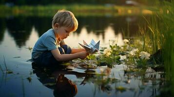 carino ragazzo giocando con un origami nave godendo natura foto