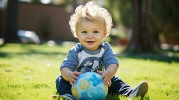 carino caucasico bambino piccolo giocando all'aperto Tenere giocattolo sorridente foto