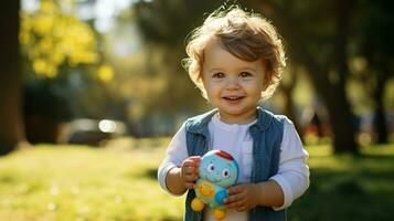 carino caucasico bambino piccolo giocando all'aperto Tenere giocattolo sorridente foto