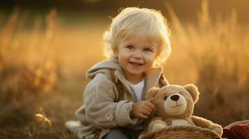 carino caucasico bambino piccolo giocando all'aperto Tenere giocattolo sorridente foto