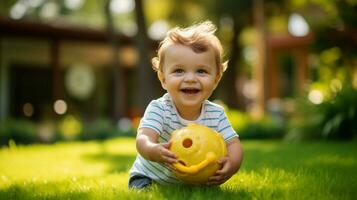 carino caucasico bambino piccolo giocando all'aperto Tenere giocattolo sorridente foto