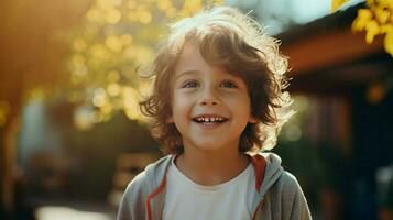 carino bambino all'aperto sorridente guardare a telecamera allegro foto