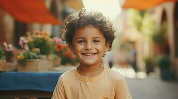 carino bambino all'aperto sorridente guardare a telecamera allegro foto