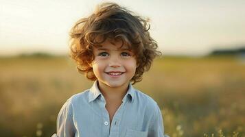 carino bambino all'aperto sorridente guardare a telecamera allegro foto