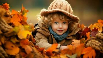 carino bambino giocando all'aperto nel autunno circondato di colore foto