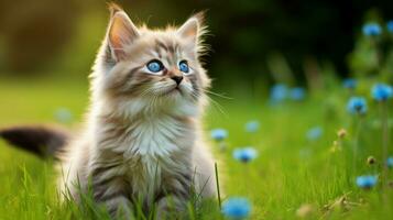 carino gattino seduta su erba fissando con curioso blu occhi foto
