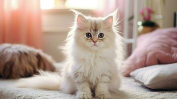 carino gattino con soffice pelliccia seduta in casa fissando foto