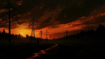 elettricità e natura si scontrano nel spaventoso silhouette crepuscolo foto